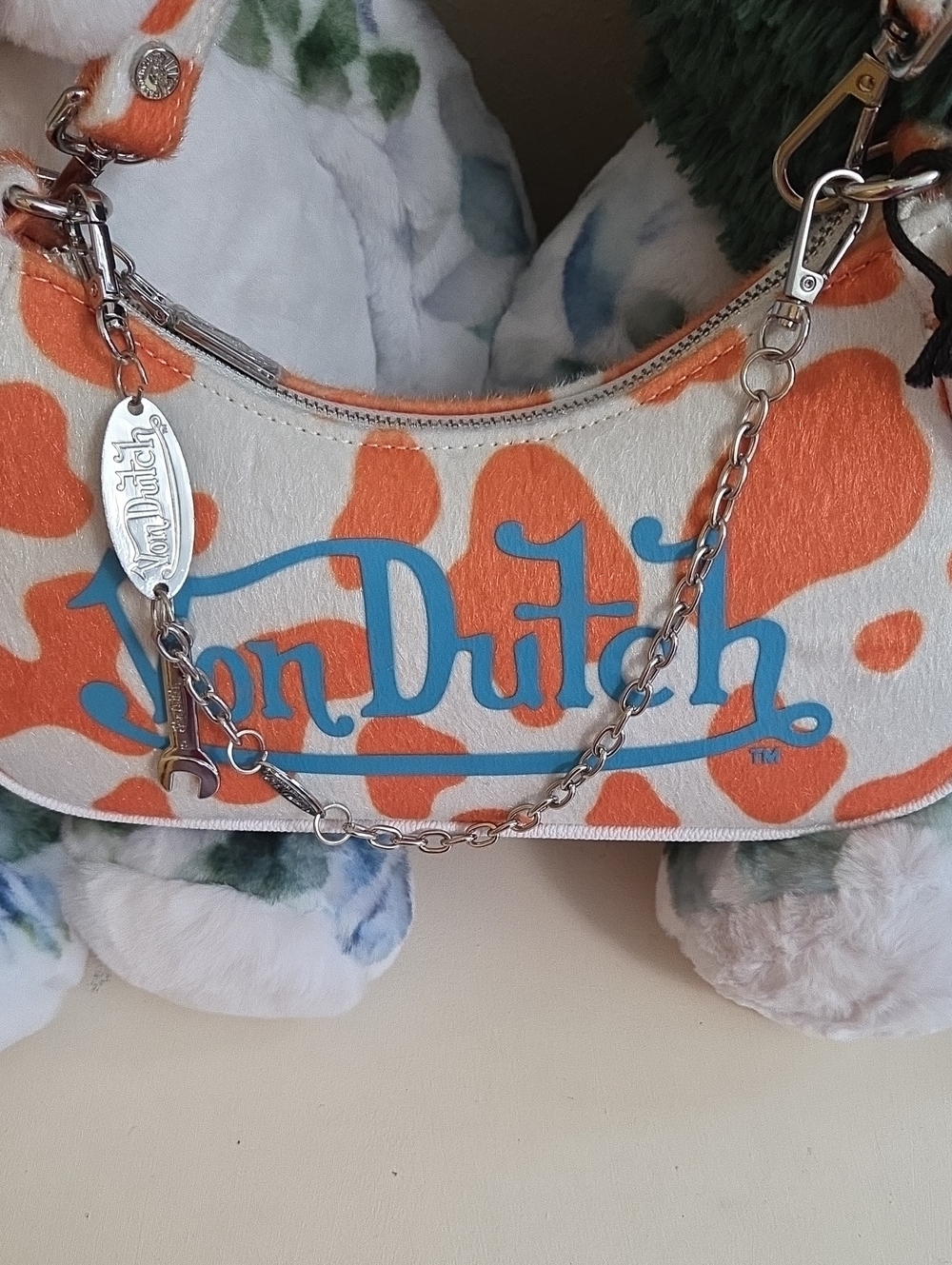 NWT Von Dutch White Shoulder Bag with Orange Spots and Blue Logo